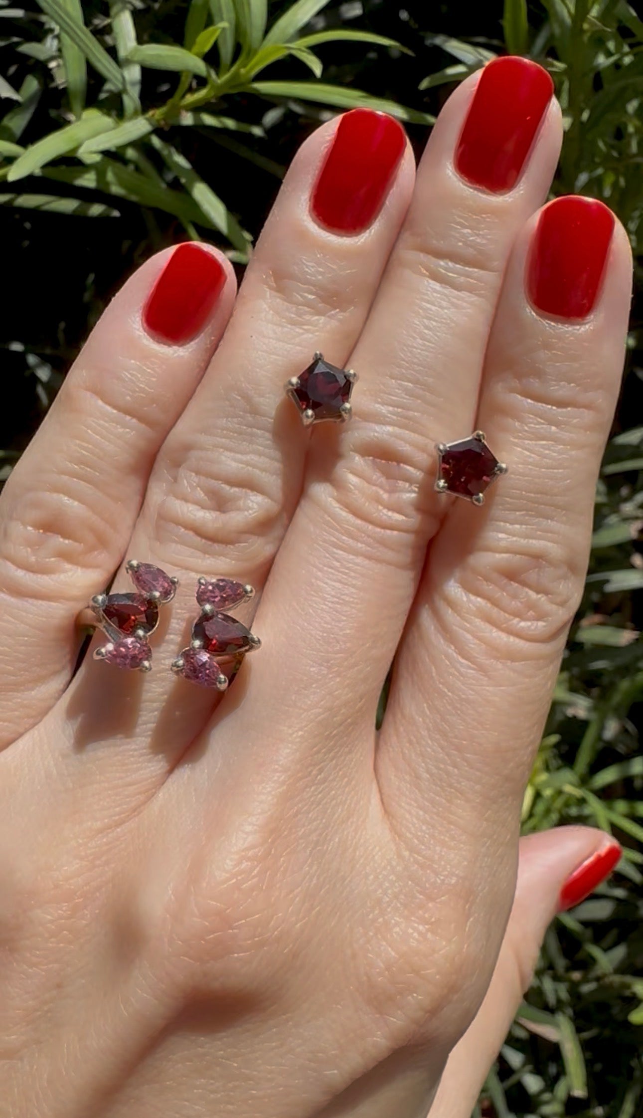 Red Garnet Pentagon Stud Earrings & Pear Shaped Pink Tourmaline + Red Garnet Open Ring Sterling Silver Set