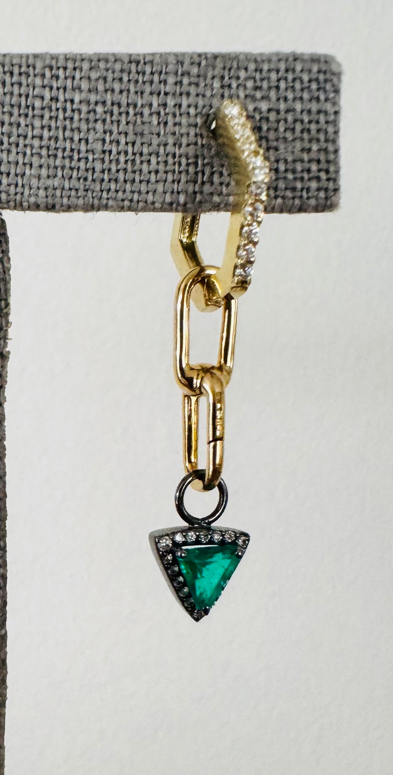 Pair of YG Diamond GeoHuggies, Paperclip Extenders, Emerald + Diamond Charms