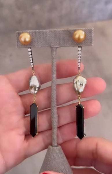 Gold Pearl Studs + Diamond Pearl + Black Onyx Extenders Set