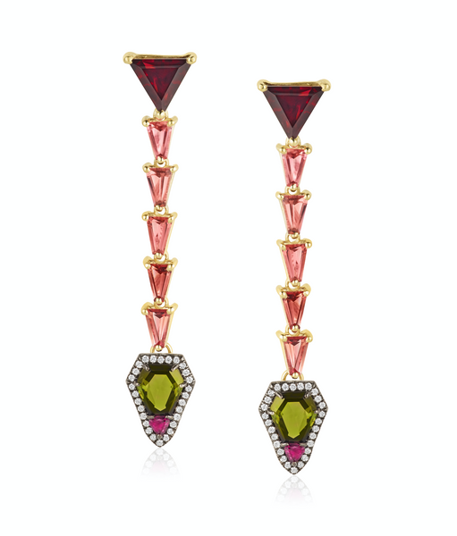 Yellow Gold Tourmaline, Garnet and Diamond Long Earrings